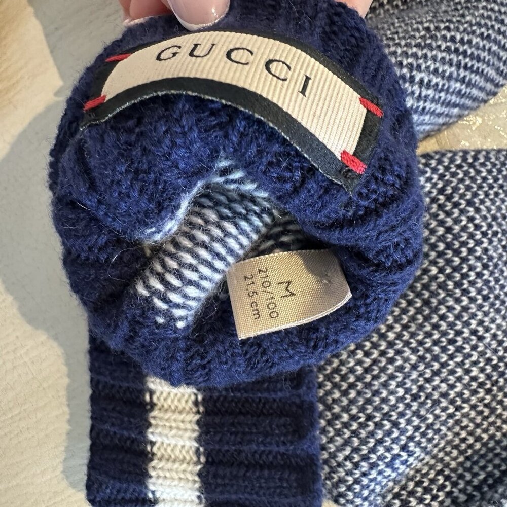 NWT Gucci 726586 Glove Gg Logo Cashmere Fingerless Gloves In Navy Ivory Size M - Picture 4 of 5